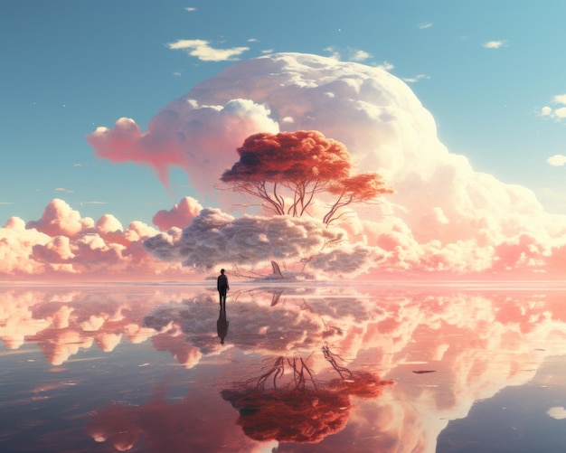 a person standing in the middle of a lake with clouds in the sky