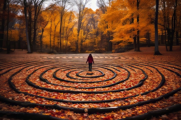 a person standing in the middle of a maze surrounded by autumn leaves