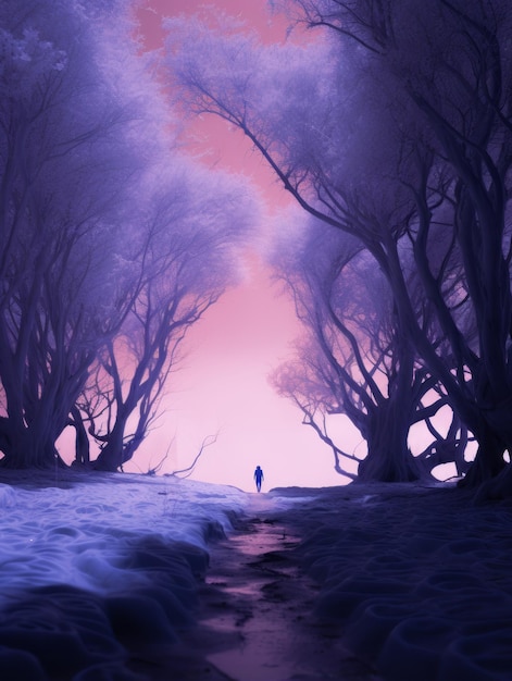 a person standing in the middle of a purple forest