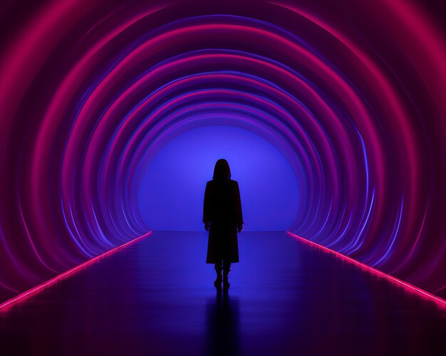紫色のトンネルの真ん中に立つ人