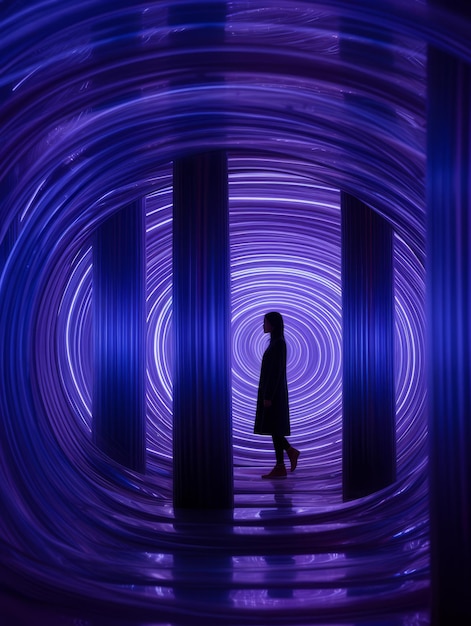 紫色のトンネルの真ん中に立つ人