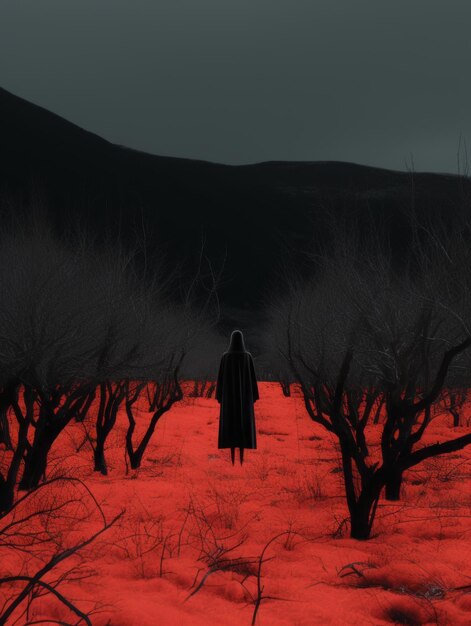 a person standing in the middle of a red field