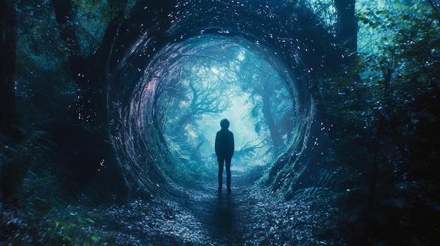 a person standing in the middle of a tunnel in the woods