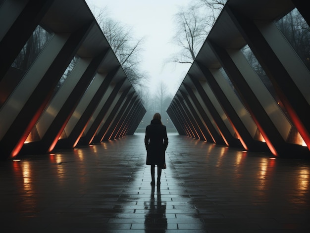 a person standing in the middle of a walkway at night