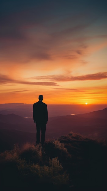 A person standing on a mountain top looking out at a beautiful sunset