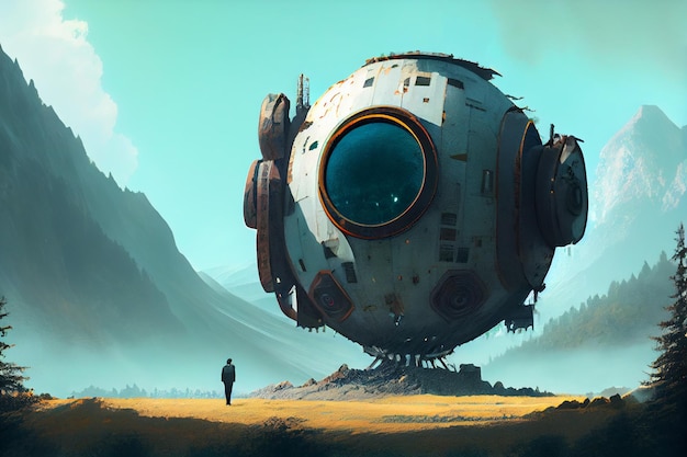 A person standing near an alien spaceship in mountains, digital art