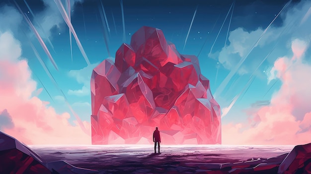 Человек, стоящий рядом с гигантским плавающим кристаллом в сюрреалистическом небе Фантастическая концепция Иллюстрация живопись Генеративный ИИ