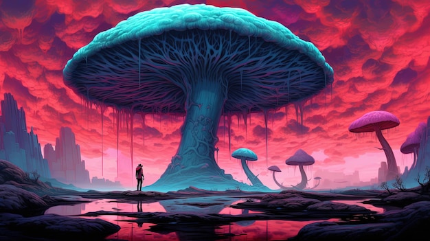 A person standing near the giant mushroom in a surreal landscape Fantasy concept Illustration painting Generative AI