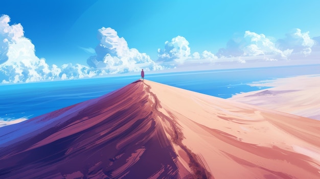 Фото Человек, стоящий на песчаной дюне с видом на океан