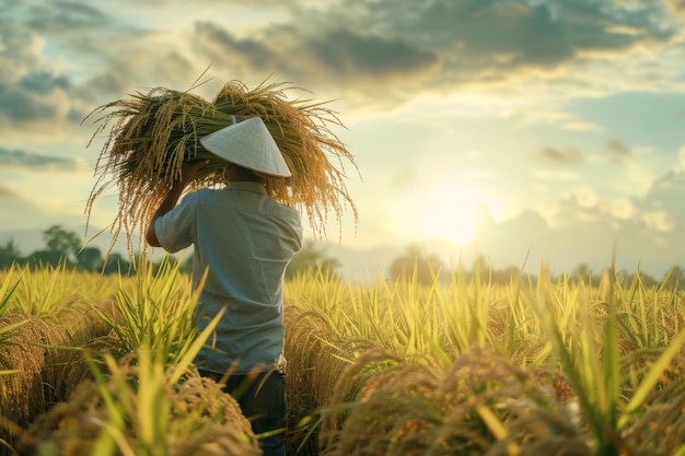 Photo person standing in paddy field with hat