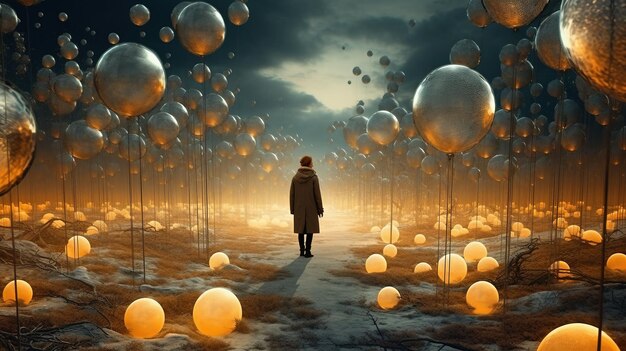 A person standing on a path surrounded by balloons Generative AI Art