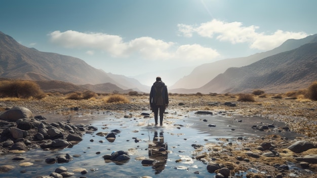 a person standing in a puddle of water with mountains in the background