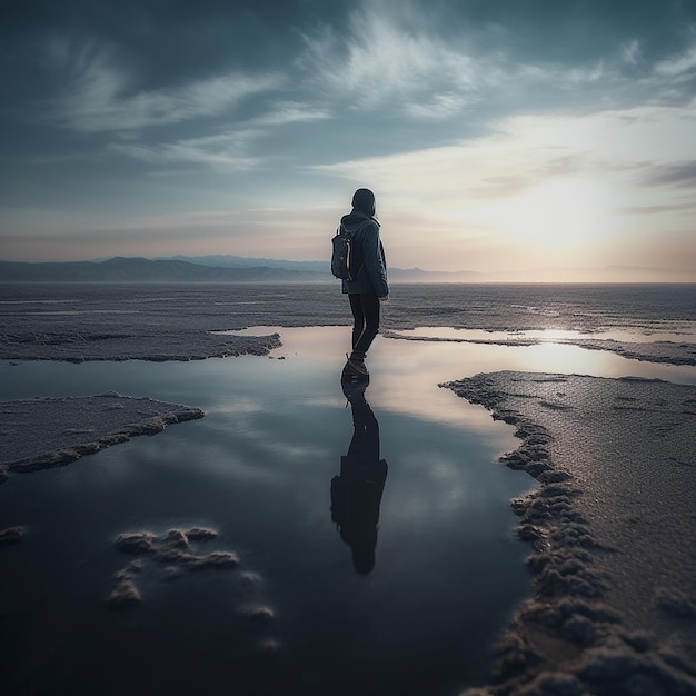 Photo a person standing in a puddle with the sun setting behind them.