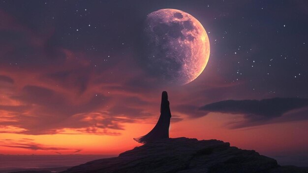 Photo a person standing on a rock looking at the moon