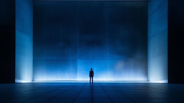 a person standing in a room with a light on