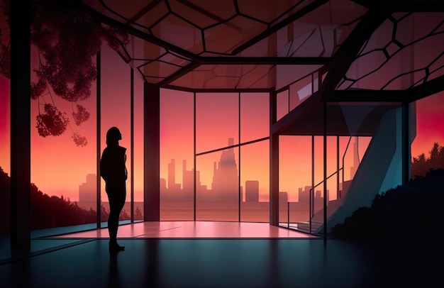 A person standing in a room with a view of a city AI generative image