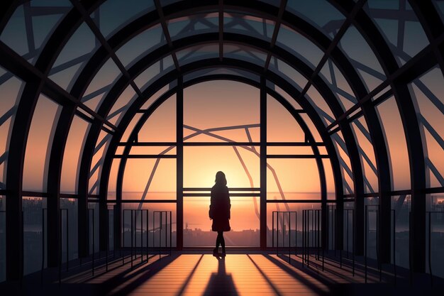 Photo a person standing in a room with a view of a sunset ai generative image