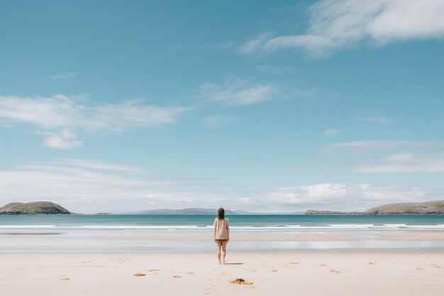 Person standing on the sandy beach with a clear white sky