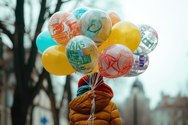 A person standing on a street holds a bunch of colorful balloons Person trying to hold onto a bunch of inflated balloons each depicting world currencies AI Generated