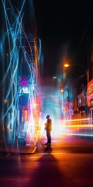 A person standing in a street with a neon sign that says'cyberpunk'on it