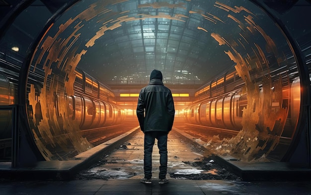 person standing at a subway station in the style of gritty urban landscapes