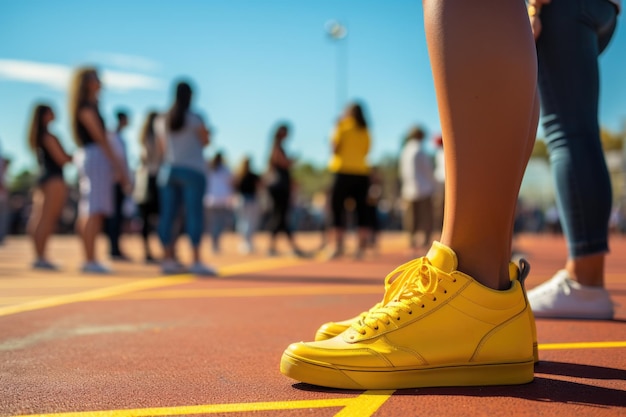黄色い靴を履いてテニスコートに立つ人