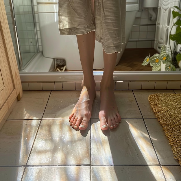 Person Standing on Tiled Floor in Front of Shower