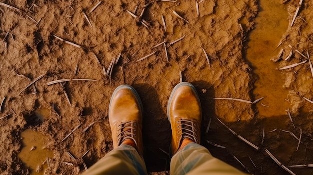 Person standing on top of dirt field next to pile of pins Generative AI