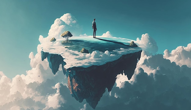 A person standing on top of a floating island