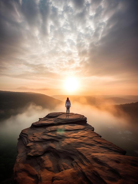 Foto una persona in piedi sulla cima di una grande roccia