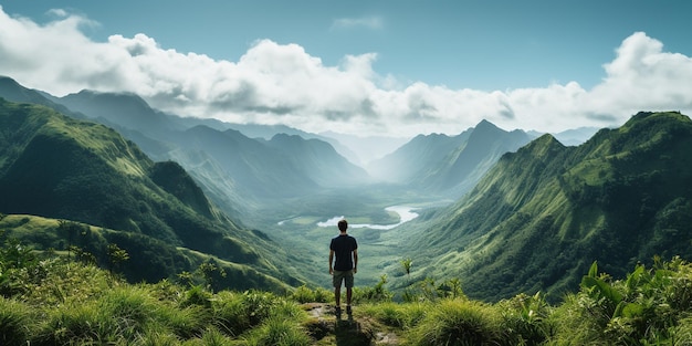 Foto una persona in piedi in cima a una collina verde lussureggiante