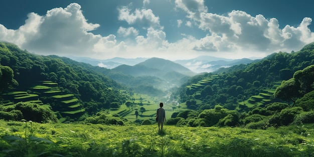 A person standing on top of a lush green hillsidexAxA