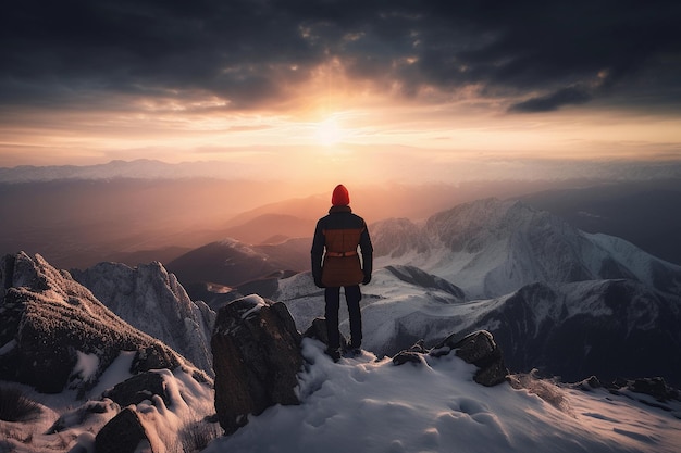 Person standing on top of a mountain looking at the horizon on a snowy landscape at sunset