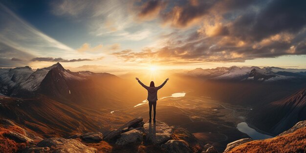 Foto una persona in piedi in cima a una montagna al tramonto