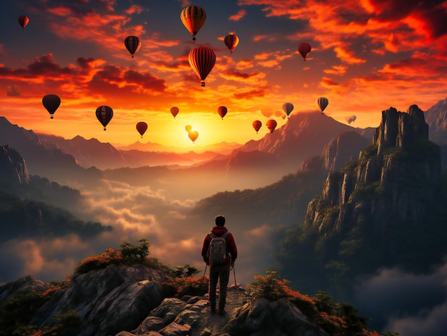 a person standing on top of mountain with hot air balloons floating