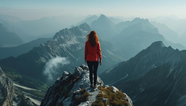 person standing on top of mountain Woman Facing Majestic Mountain Landscape View from the back