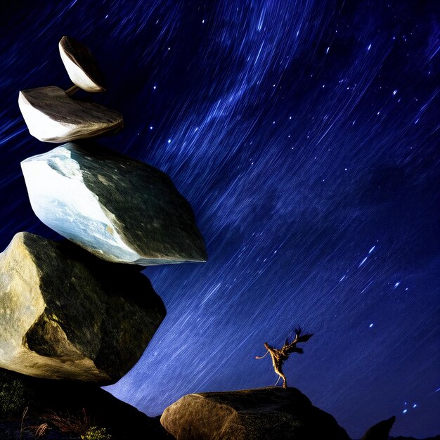 Photo a person standing on top of a pile of rocks under a night sky with stars and a person reaching up to