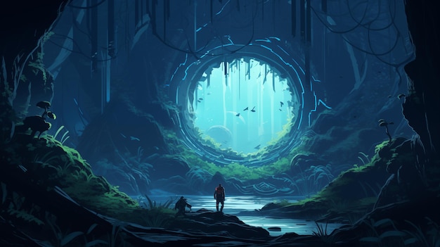 the person standing next to a tunnel in the forest Digital concept illustration painting