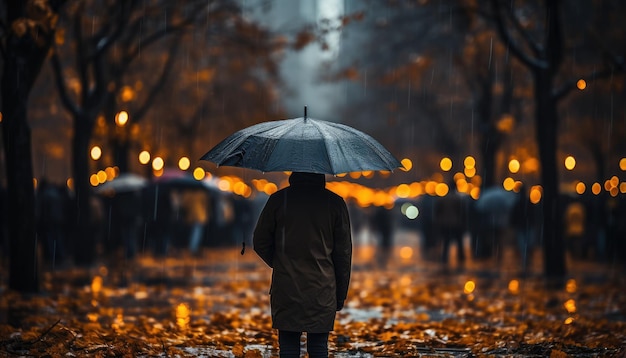 person standing under umbrella in the rain