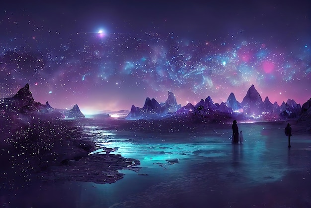 A person standing in the water with a purple galaxy in the background