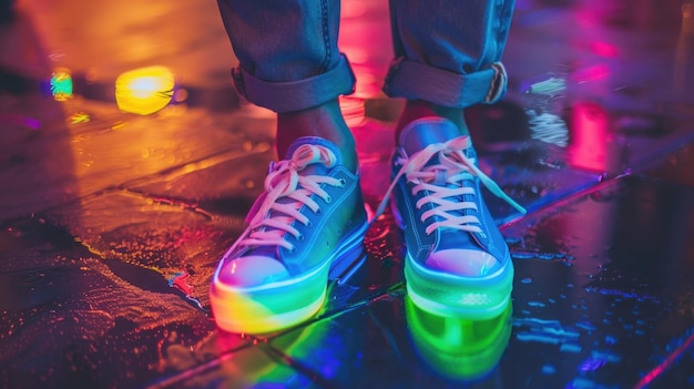 Foto persona in piedi sul marciapiede bagnato con scarpe al neon adatto per i blog di moda