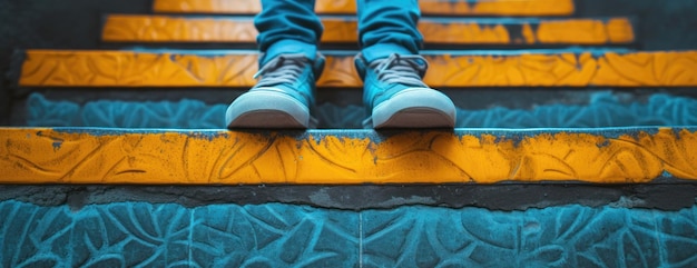 Person Standing on Yellow and Blue Staircase