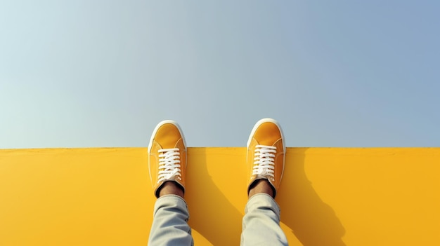 A person standing on a yellow wall with yellow shoes on the top
