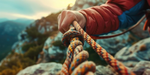 Foto una persona si trova in cima a una montagna con una corda in mano questa immagine può essere usata per raffigurare l'avventura conquistando sfide o superando ostacoli