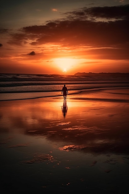 夕日の前の浜辺に立つ人。