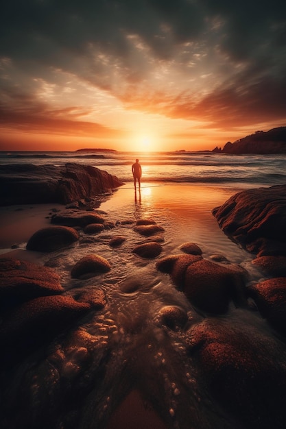 A person stands on the beach looking at the sunset.