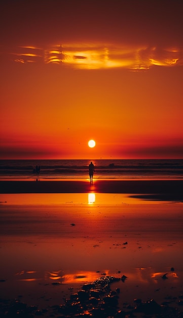 A person stands on a beach with the sun setting behind them.