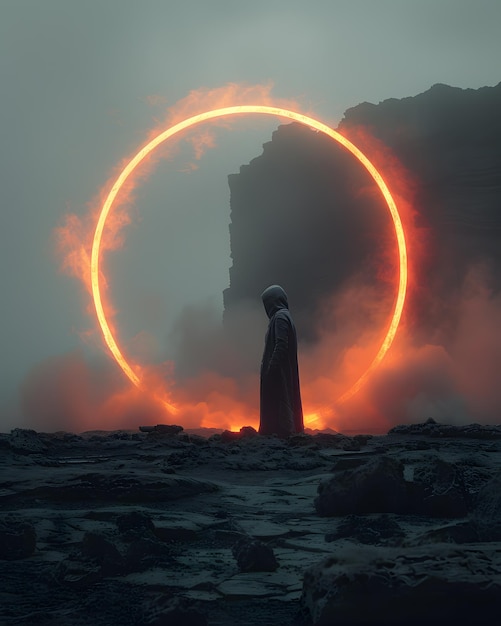 Photo a person stands before a circle of fire under the dusky sky