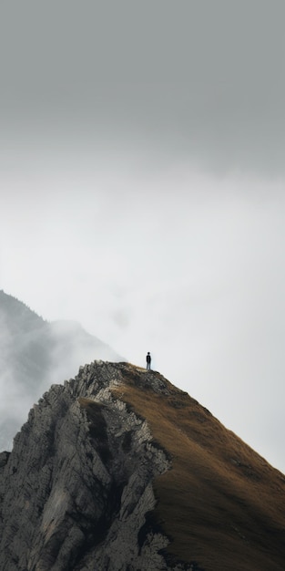 A person stands on a cliff in the fog