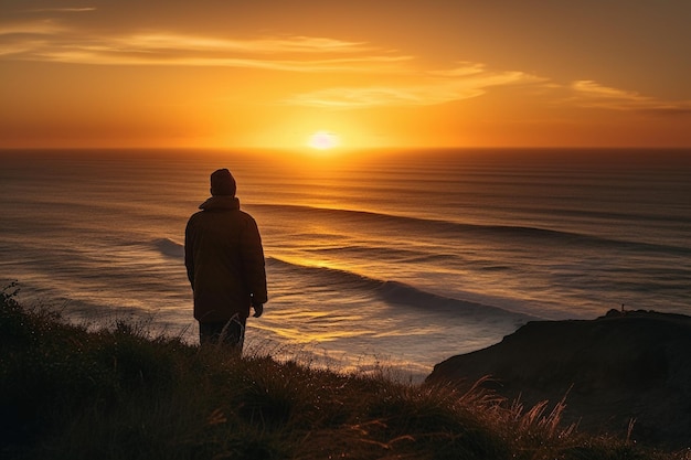 A person stands on a cliff overlooking the ocean at sunset.